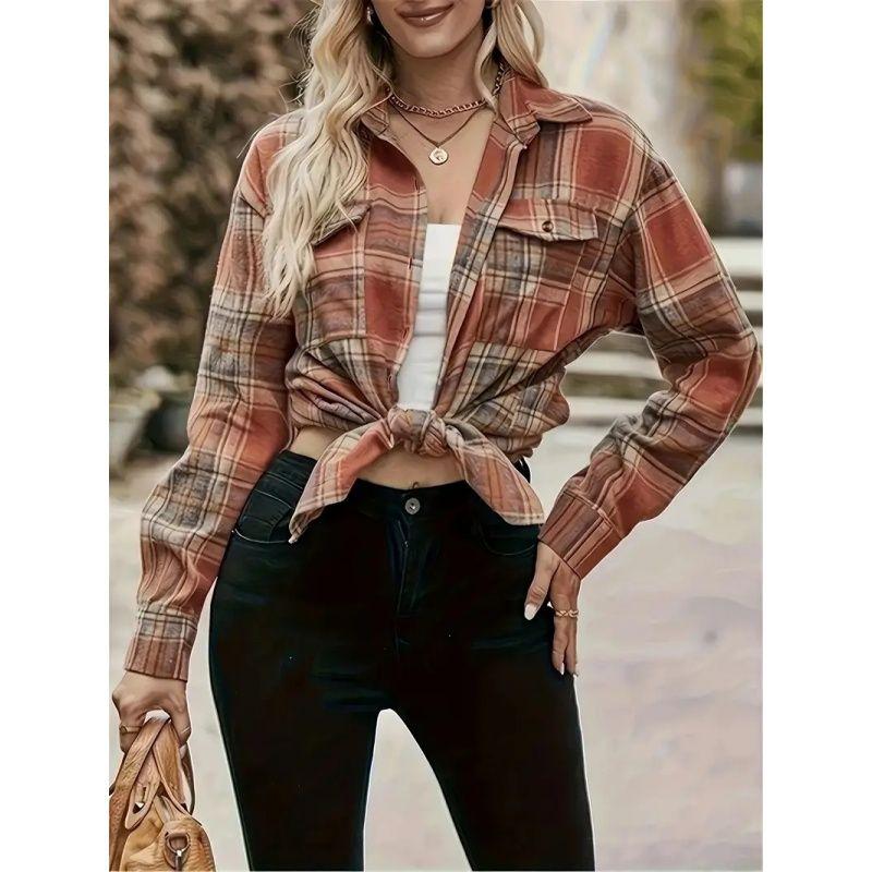

XL-4XL Women Blouse Plaid Ladies Tops Leisure Long sleeve Shirts Lapel Top Orange 4XL