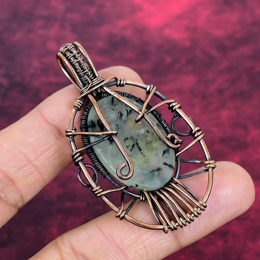 Tree Of Life Moss Prehnite Pendant Copper Wire Wrapped Pendant Gemstone Jewelry
