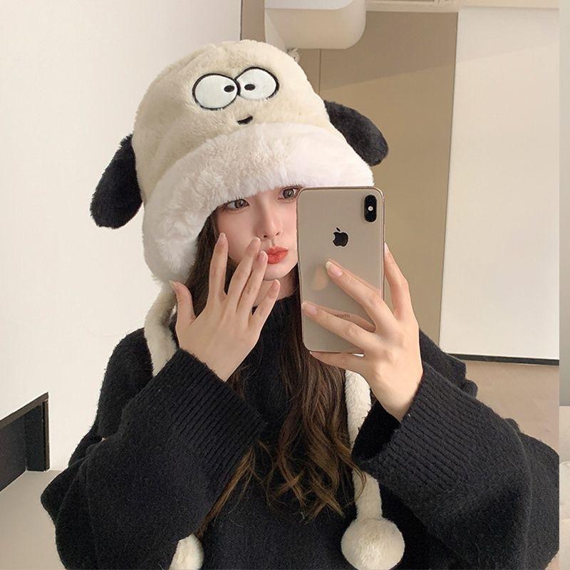 Puppy plush hat cute girl winter warm ear protection fluffy versatile riding plush thicker