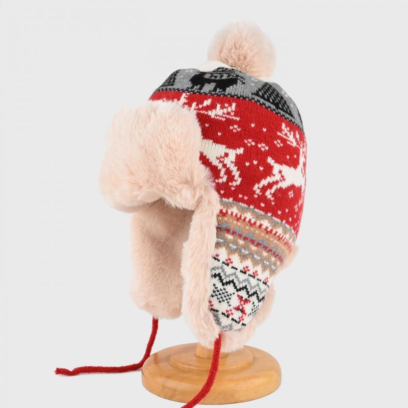Knitted Winter Beanie Hat With Ear Protection Unisex Warm Fleece Lined Deer Motif Fair Isle Style