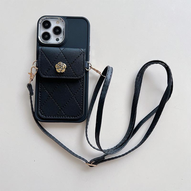 Camellia Money Bag Card Bag Phone Case for IPhone 17 Promax Crossbody Rope Leather Rope for Apple 15 Solid Color Soft