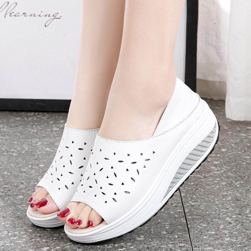 Genuine Leather Women's Sandals Summer Platform Wedges Ladies Shoes Hollow Out Breathable Women Sandals Slippers