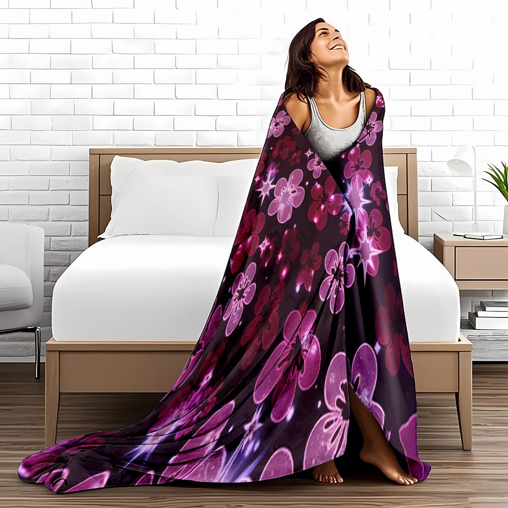 Floral Pattern Blanket - Pink and Purple Flowers with Star Accents Blanket, Suitable for Use In the Bedroom, Living Room, On the Sofa