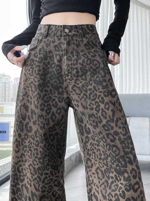 Women's Retro Leopard Print Wide-Leg Jeans - Petite Autumn/Winter Loose Fit