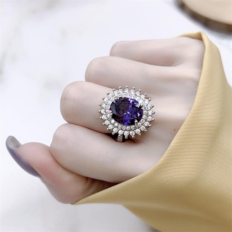 European & American Purple Gemstone Jewelry Set: Shining Pendant, Earrings & Ring