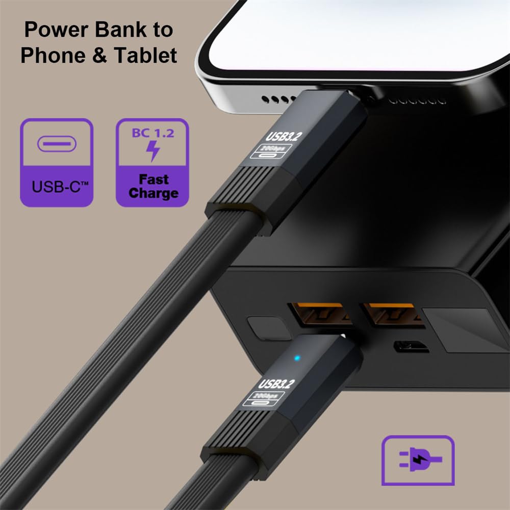 NFHK Cable Male To Male 10Gbps Flat Slim FPC Data Power Cable 5V3A for and Disks USB3.1 Type-A Type-C USB-C Laptops, Phones, (100cm)