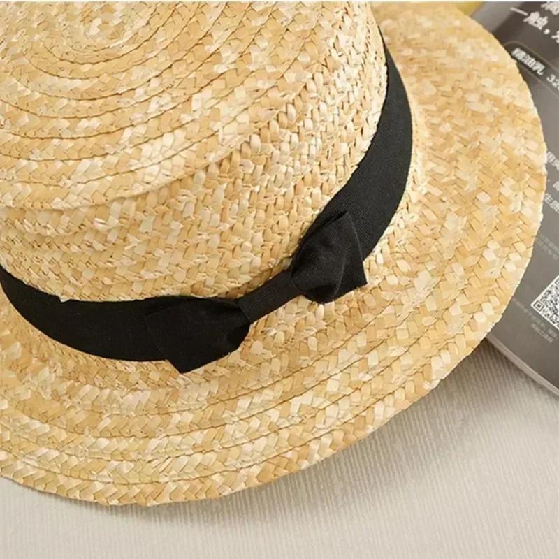 Children's Simple Straw Hat Summer Flat Top Beach Straw Hat Bow Grass Woven Flat Edge Sun Straw Hats Accessories Creative Gifts