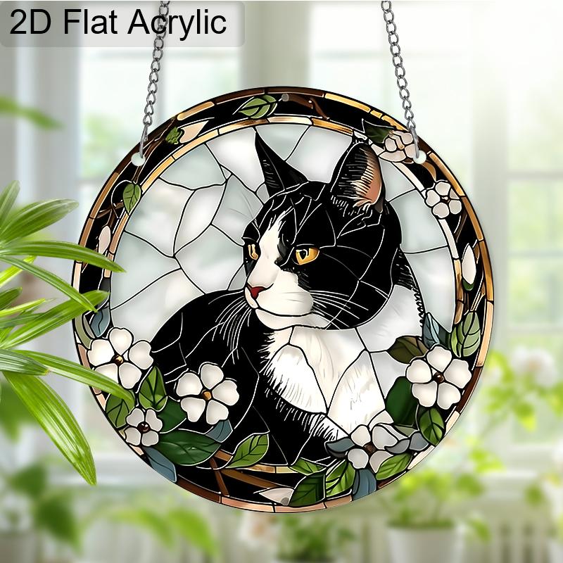 Acrylic Tuxedo Cat with White Flowers Suncatcher, Stained Glass Effect Window Hanging Ornament for Cat & Pet Lover Gifts
