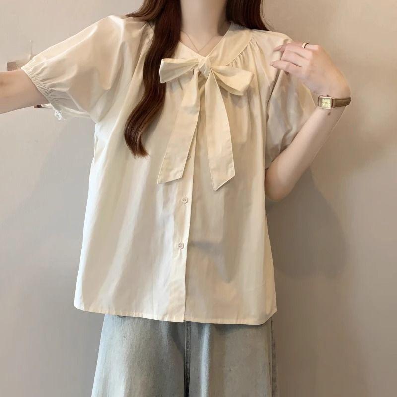 

Женские рубашки с коротким рукавом и галстуком-бабочкой, корейские элегантные удобные женские блузки, летняя свободная повседневная женская одежда XXL белый