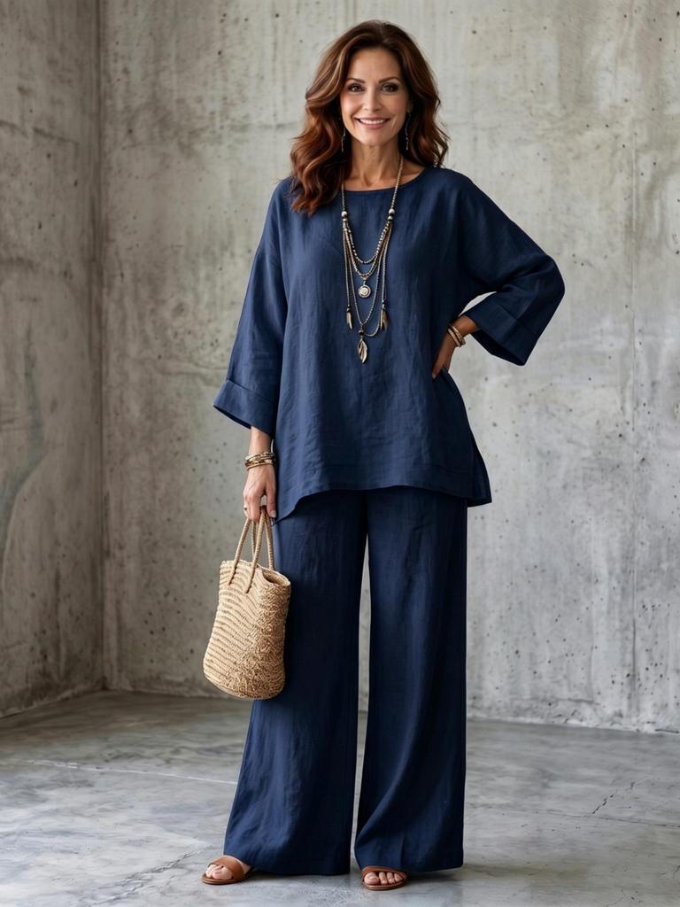 European & American Style Women's Cotton Linen Blend Shirt and Wide Leg Pants Set