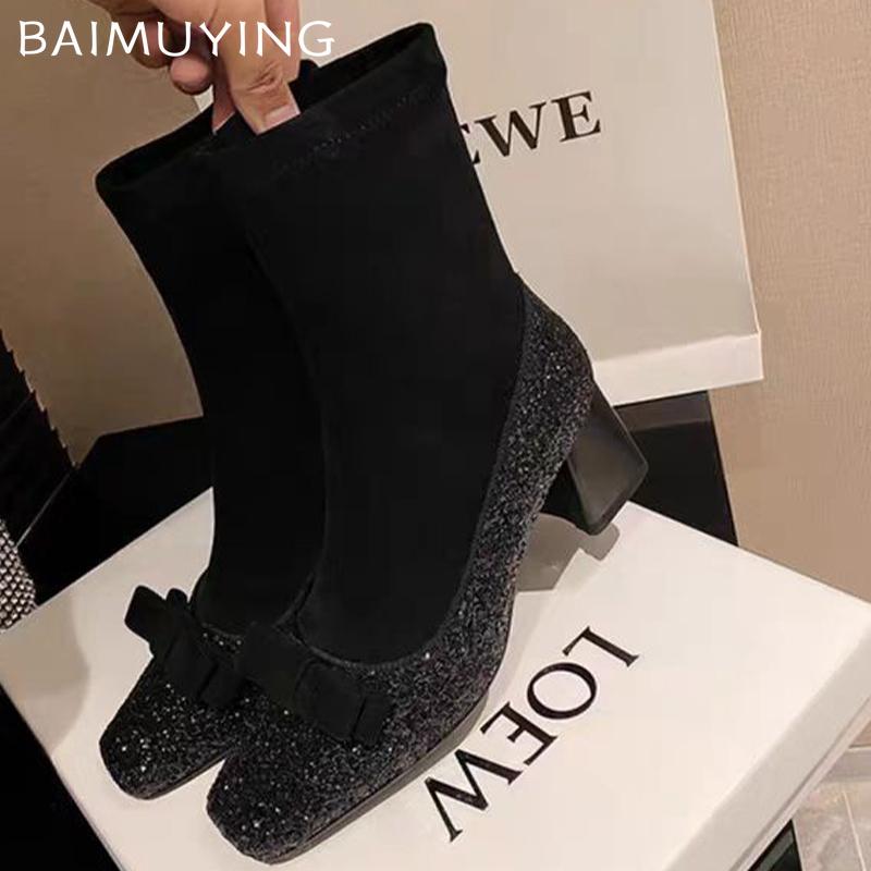 Square Toe Bling Women Snow Ankle Boots Bow Mid Heels Fad Sock Boots Suede Chunky Shoes 2024 Trend Winter Designer Botas Mujer