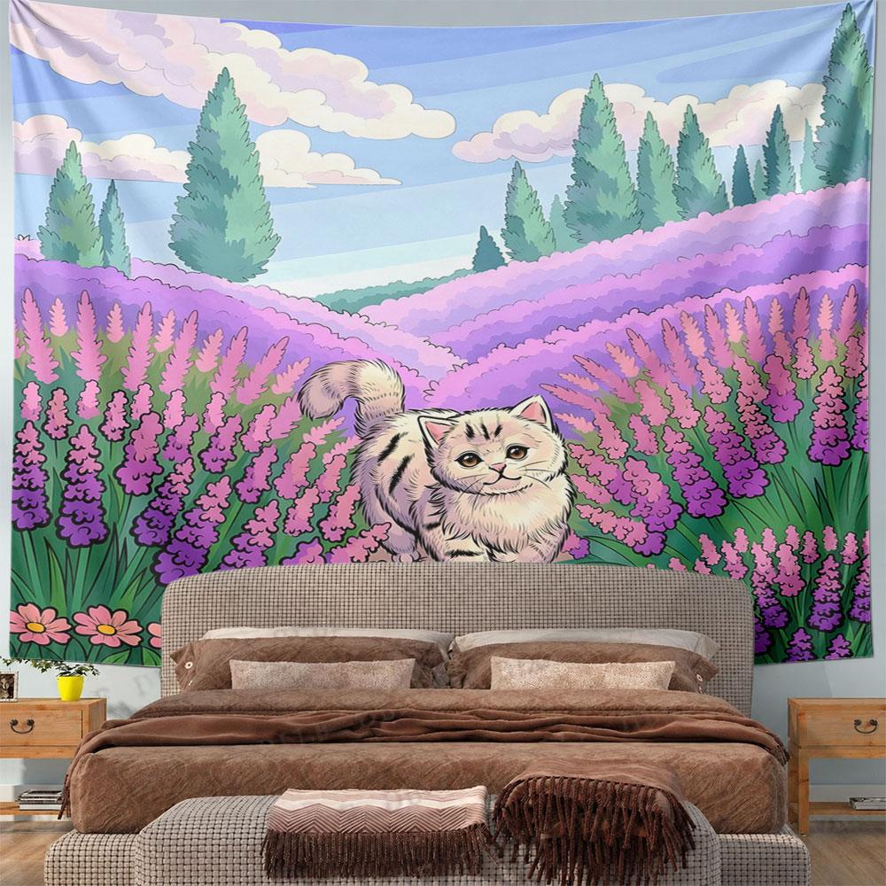 Cat Strolling in Lavender Fields Pattern Wall Hanging Tapestry Decorative Tapestry Home Decor for Bedroom and Living Room