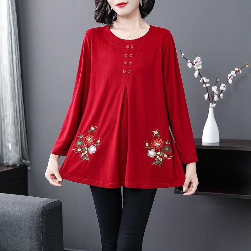 

New Retro Embroidered T-shirt Women s Loose Long-sleeved Mid-length Slimming Bottoming Top XL