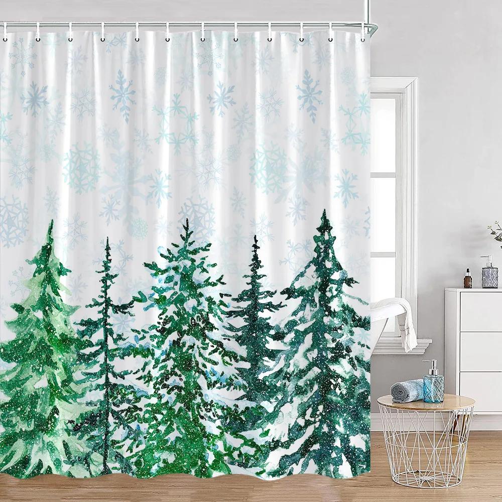 Duschvorhänge mit nebligen Wäldern, verschneite Kiefern, grüne Wälder, Naturlandschaft, minimalistisches Badezimmerdekor, moderner Badevorhang aus Polyester