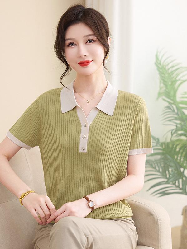 Chic Color Block Ice Silk Knit T-Shirt - Women s Short Sleeve Slimming Summer Pullover with Round Neck 3XL (150-165 jin) зелёный