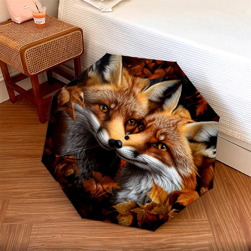 1 Stück Automatischer Faltregenschirm - Herbstfuchs-Muster, Tragbares & Faltbares Design mit 8 Speichen, Weihnachts-Geburtstagsgeschenke