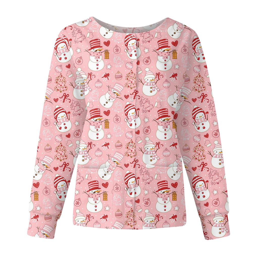 Damska codzienna moda długi rękaw stójka jednorzędowa kurtka robocza topy z nadrukiem świątecznym