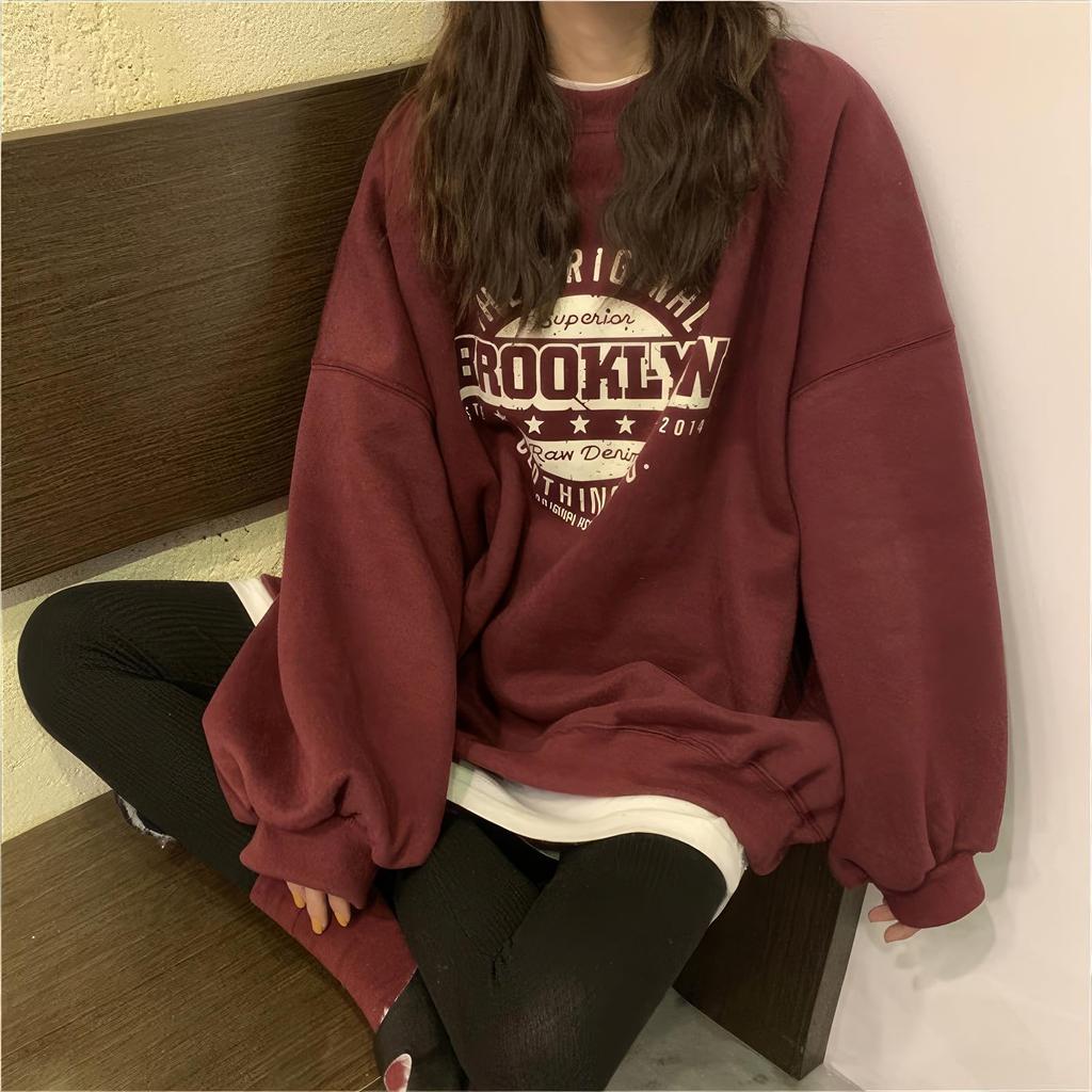 SeiunAn Long Sleeve English Logo Loose Plus Sizes Fall Korean Long Sleeve Long Crew Neck Women's Sweatshirt, Spring, Autumn, Winter, Pullover,