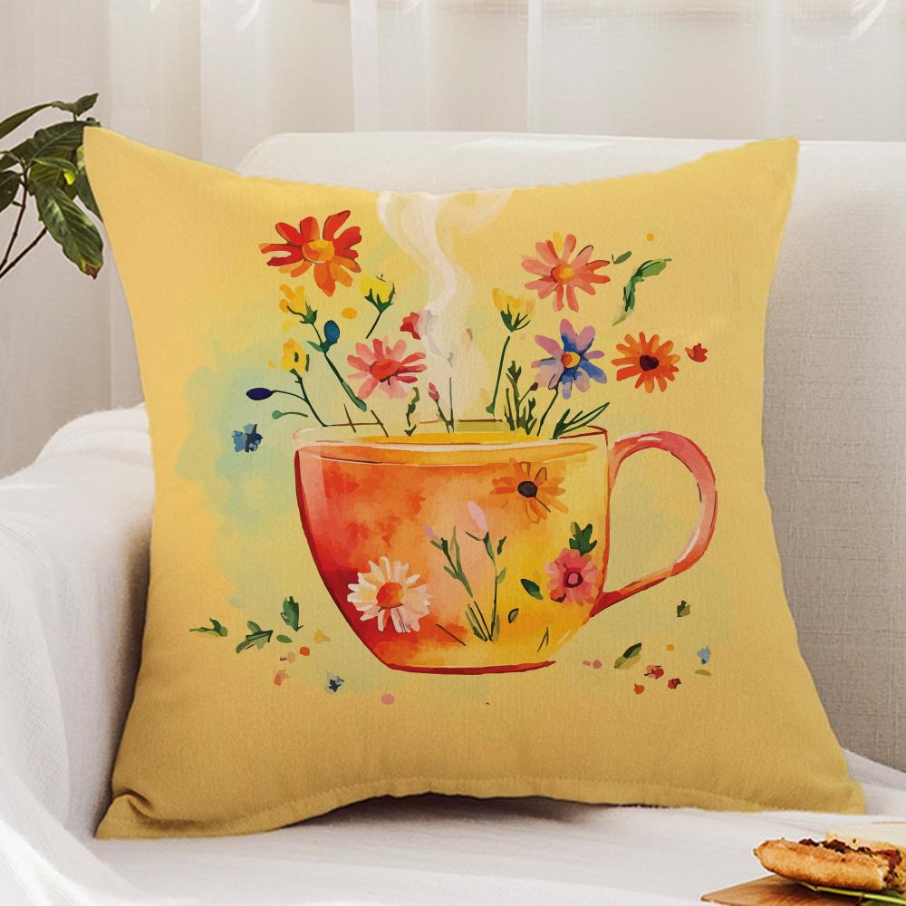 Painting Cup of Flowers Cushion Cover Premium Comfort Reversible Pillow Cover - Dual - Use Design for Home & Car