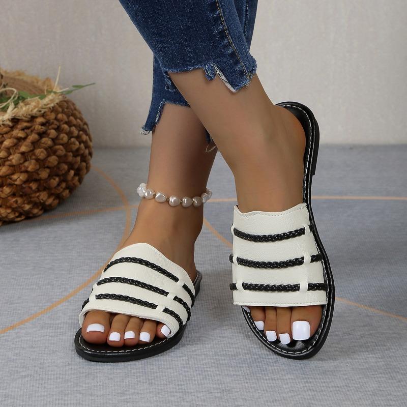 Large size summer new slippers women's word with black and white stripes comfortable flat heel sandals