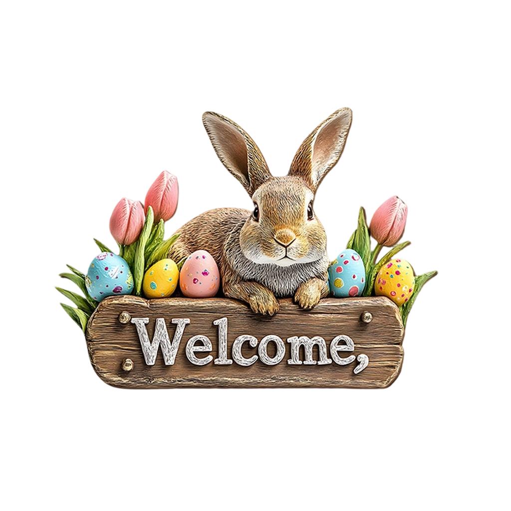 Easter Bunny Wall Hanging Decoration; Welcome Hanging Plaque; Colorful Eggs; Tulips 2D Wall Hanging Decor.