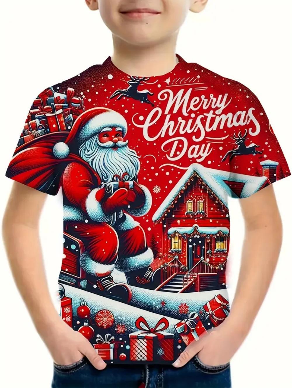 Children s Clothing, Santa Claus 3D Print T-shirt, Boys  Short-Sleeve T-shirt, Children s T-shirt, Christmas Casual Girls  Summer Top 100
