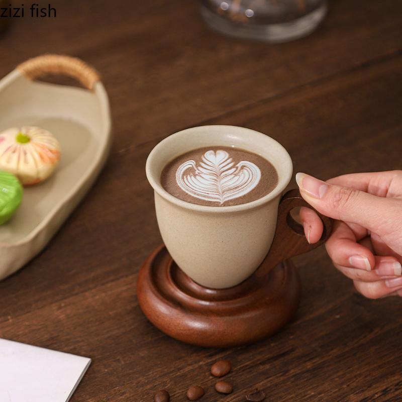 Coarse Pottery Coffee Cup Wooden Pallet Sharp Bottomed Water Cups Breakfast Cups Coffee Mug Afternoon Tea Cup Milk Mug