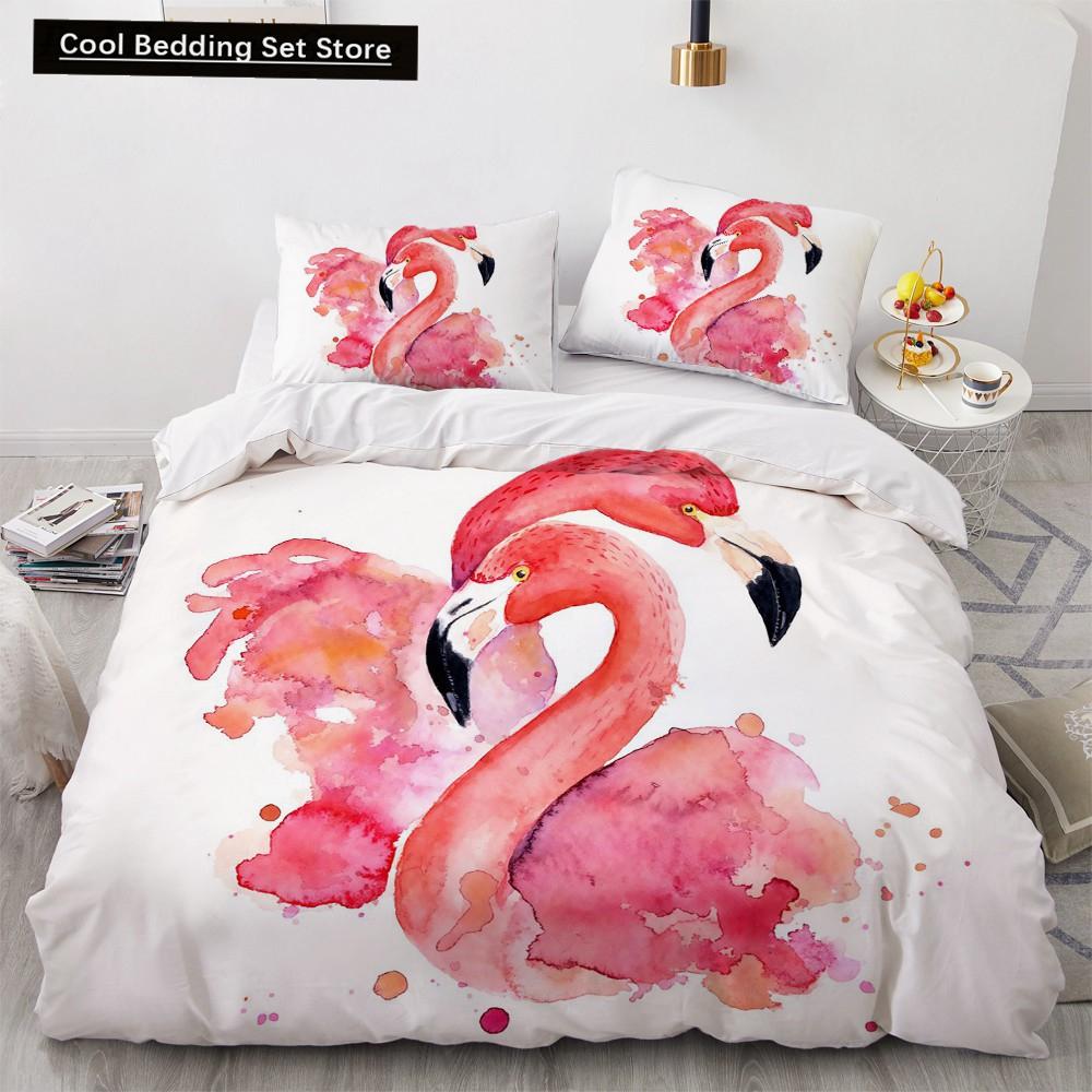 Flamingo Duvet Cover King Queen 3D Pink Animal Bedding Set For Kids Teens Adults Watercolor Style Quilt Cover With Pillowcase