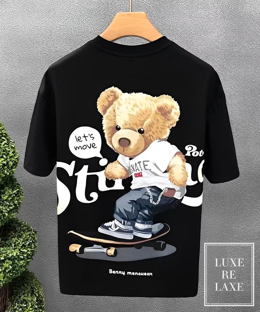 Luxe Relax Herren Tasche Print Bär Rückendruck T-Shirt, Lockerer Schnitt, Perfekt für Sport, Training und Outdoor, Blau, 5S-L09-BLM