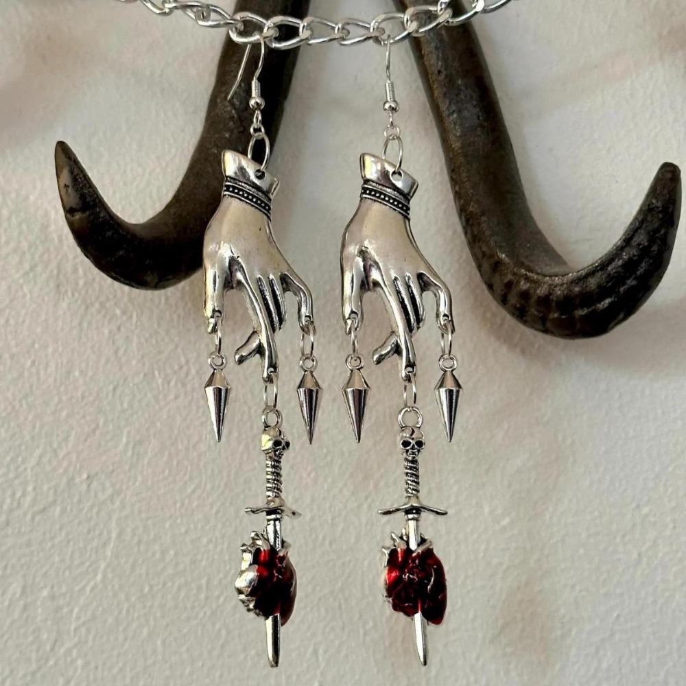 Gothic Sliver Color Hand Skull Sword Rivet Tassel Dangle Earrings for Women Halloween Party Demon Slayer Scary Jewelry Gifts