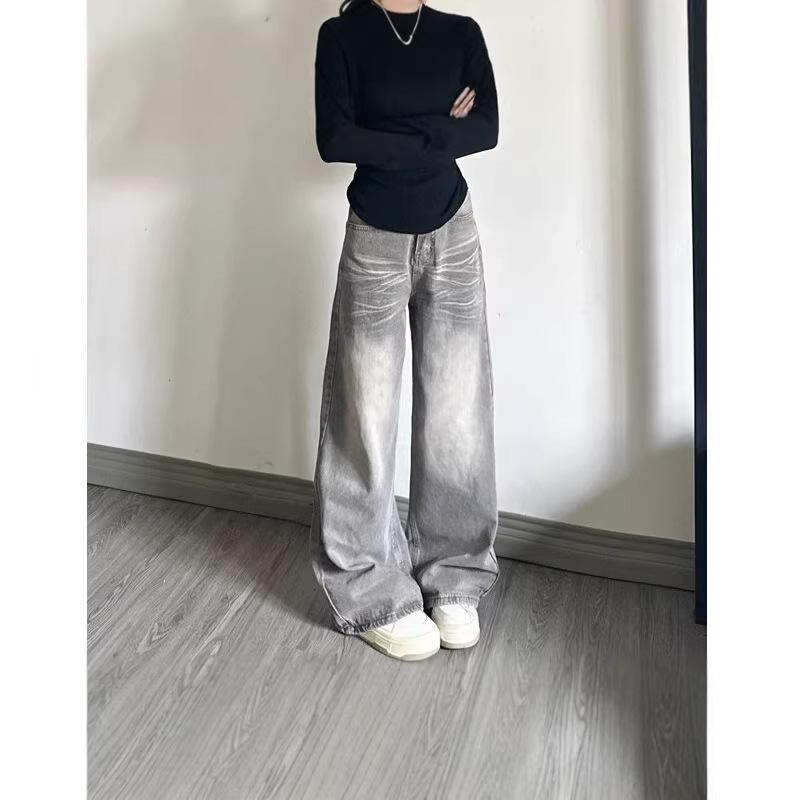 Women s High Waist Grey Distressed Retro Jeans – Loose Wide Leg, Floor-Length Design Large