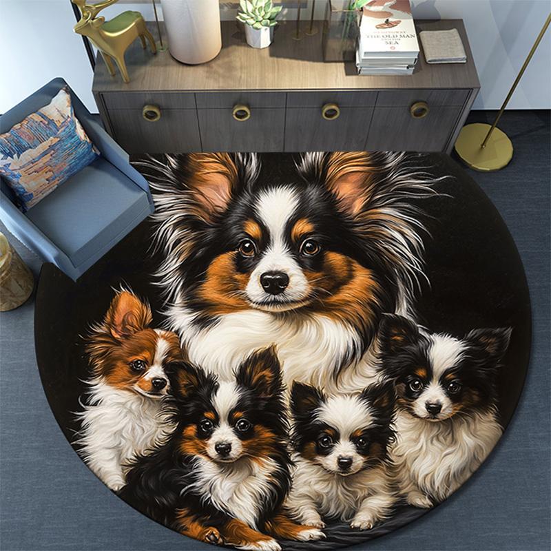 Papillon Dog Round Area Rug,Carpet Rug for Living Room Bedroom Sofa Playroom Decor,Non-slip Floor Mat