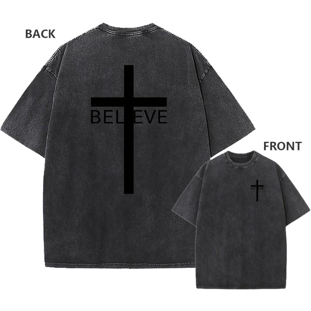 Mens Vintage Oversized Washed TShirt Cotton Cross BELIEVE Faith Casual Tee