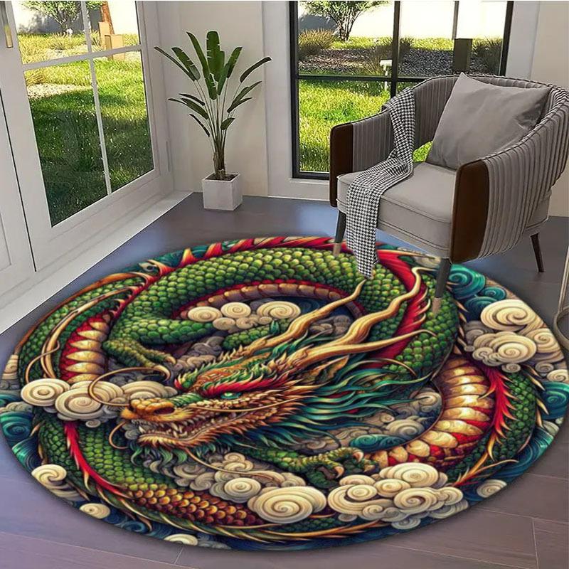 Mystical Dragon Round Area Rug, Polyester Decorative Mat for Office Living Room Bedroom Yoga Balcony Travel, Washable Carpet