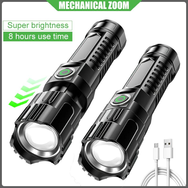 Portable Strong Light Flashlight Built-in Battery USB Rechargeable Telescopic Zoom LED Torch Outdoor Camping Cycling Lamp