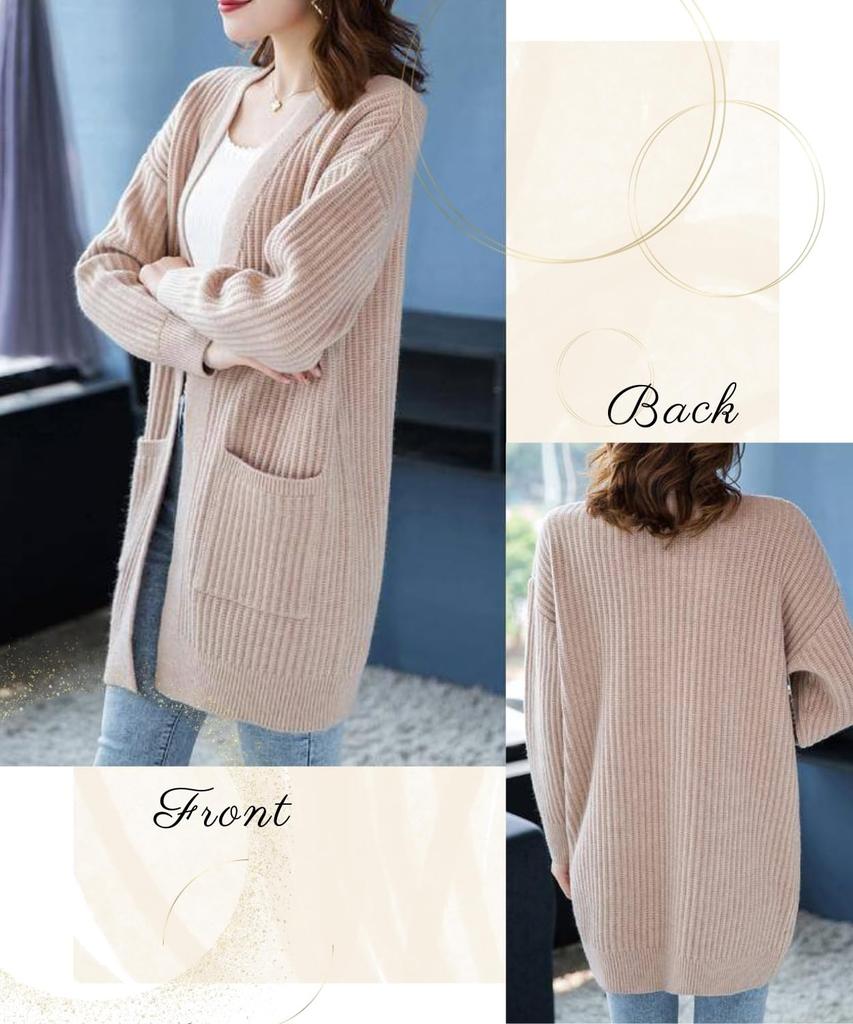 Elixio Long Knit Warm and Thick Ribbed Perfect for Fall and Winter Women's Cardigan, Fluffy, V-Neck Cardigan, Mid-Length, Knit, (JP, Alphabet, XL,