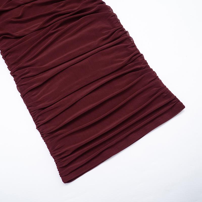 J25DS416 Elegantes einärmeliges plissiertes Netz-Langarmkleid für Damen