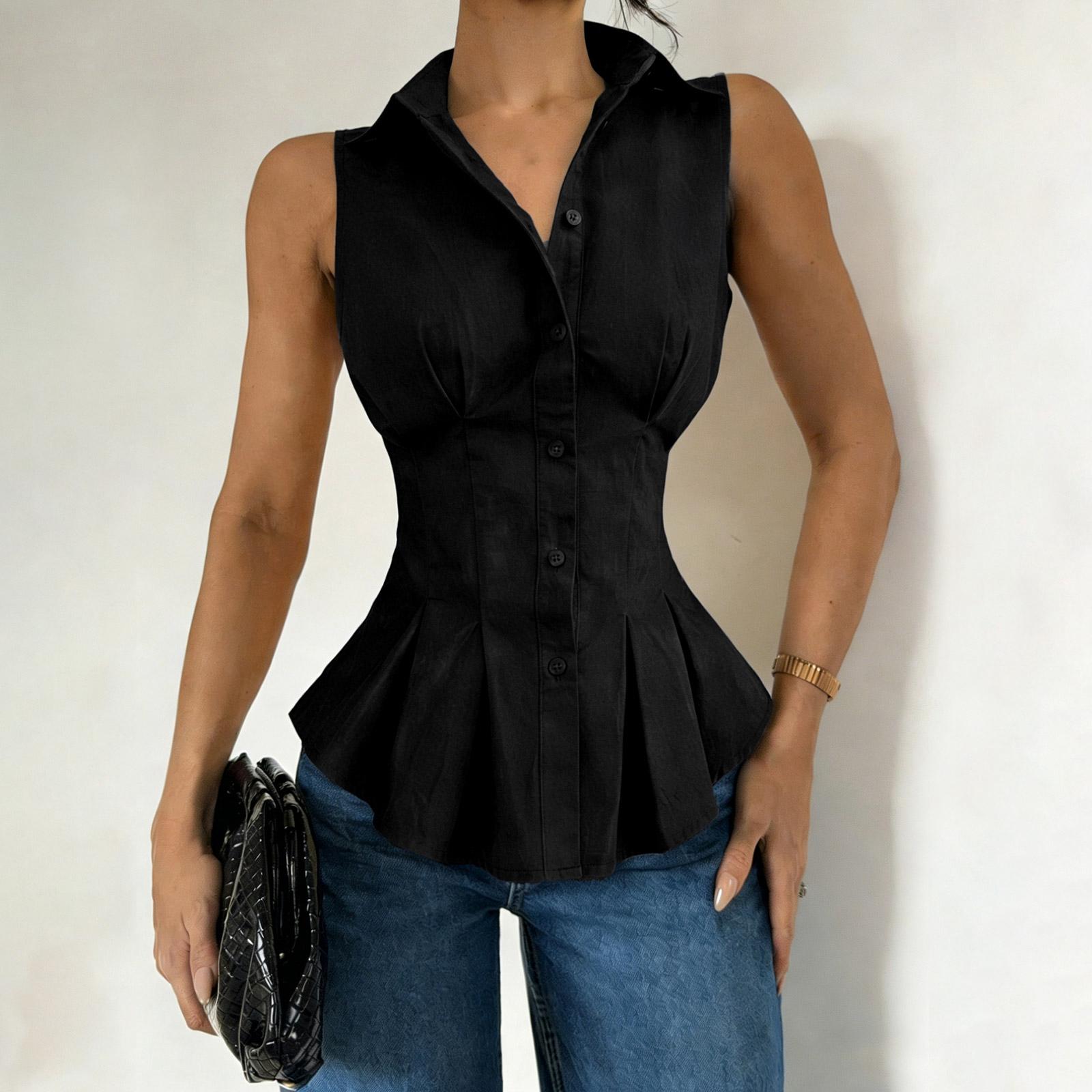 Women Sleeveless Shirt Ruffle Hem Button Down Blouse Fitted Waist Collared Summer Top L чёрный
