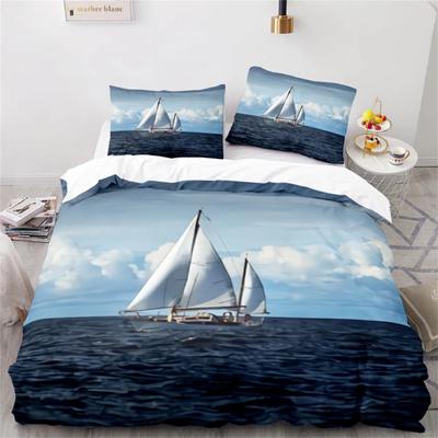 Wave Duvet Cover Set,Sea Ocean Nautical Bedding Set Sailboat Comforter Cover,Queen/King/Full/Twin Size Polyester Quilt Cover