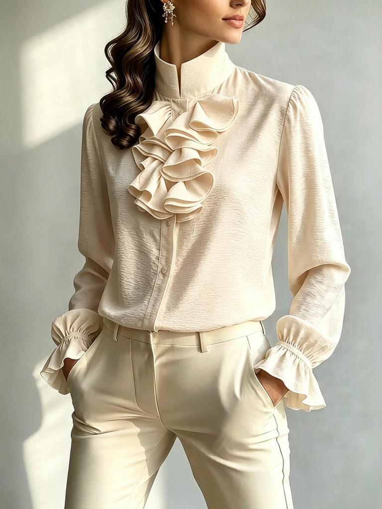 Dames 2025 Europese Stijl Ruches Opstaande Kraag Los Blouse
