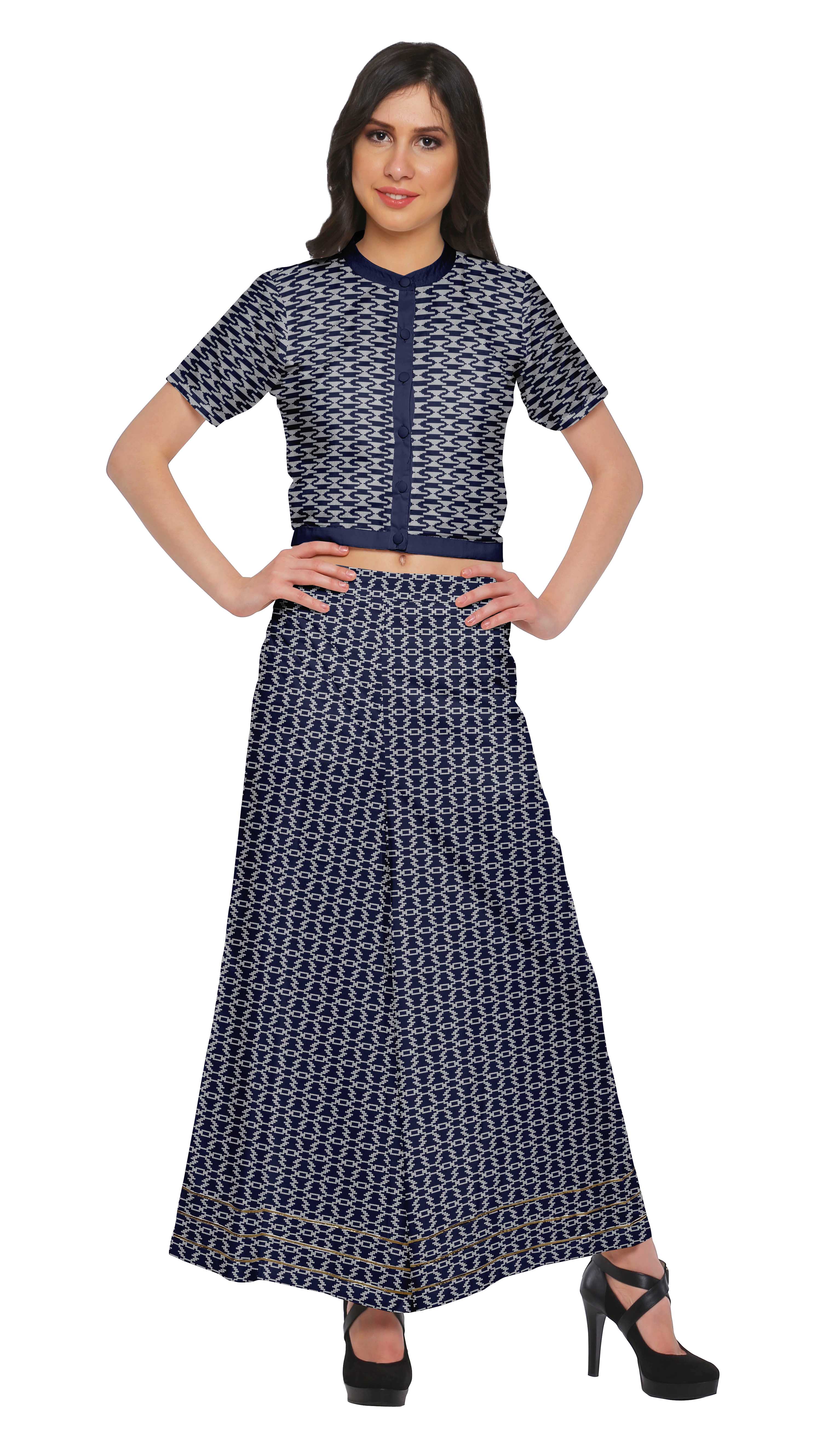 

Moomaya Printed Indian Crop Top Palazzo Pant Set Women Ethnic Wear Plus Size XS темно-синього кольору