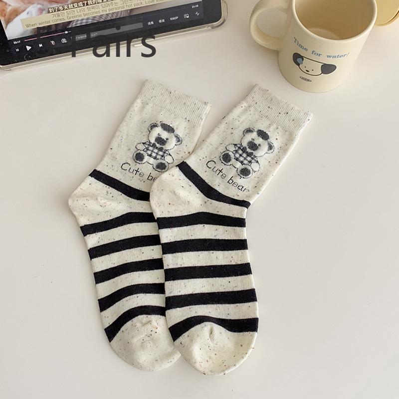 

5 пар женских весенних и осенних носков с милыми полосками в виде медведя в трубчатом ворсе 5 Pairs