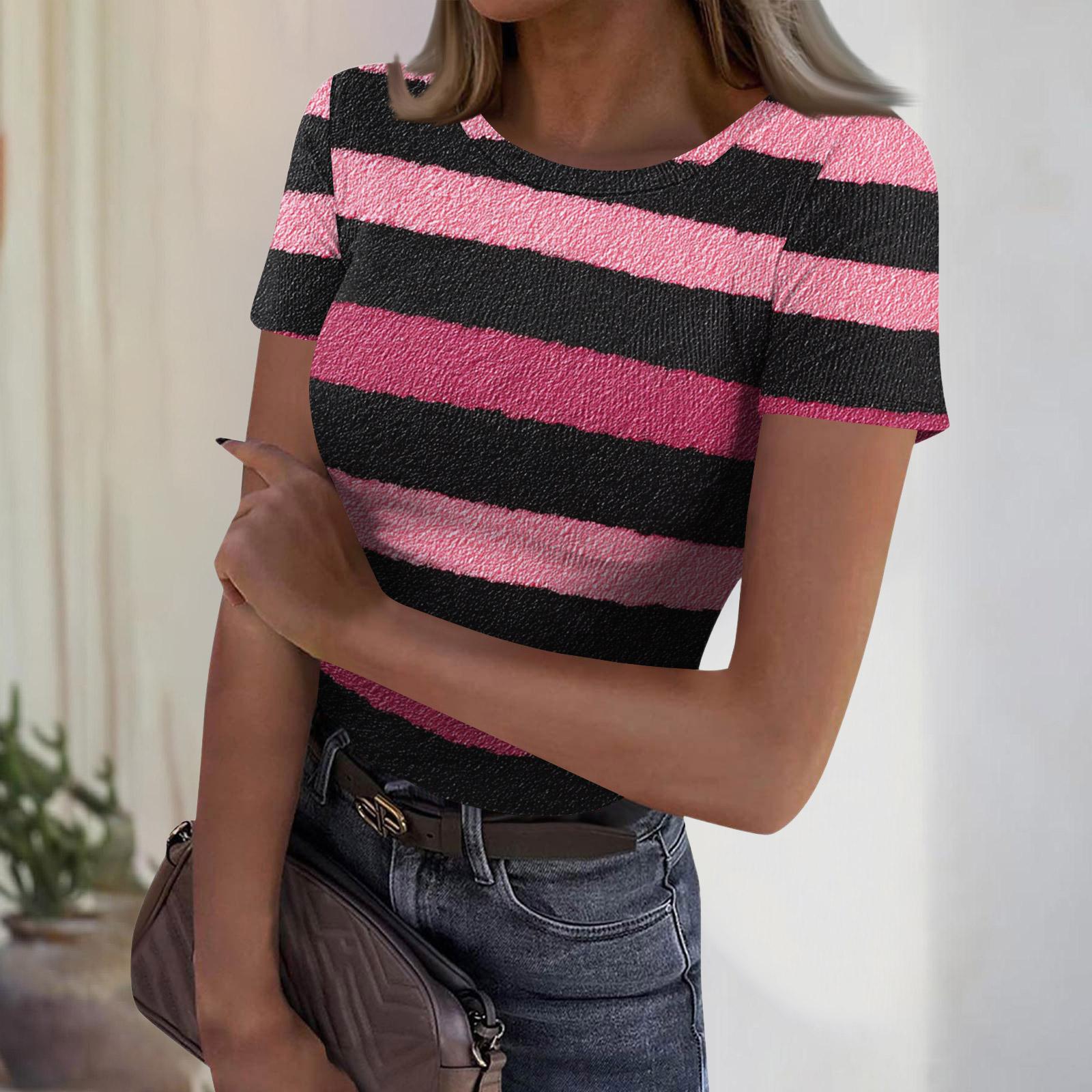 

Women s Casual Fashion Round Neck Striped Print Short Sleeve Ribbed Top L розовый