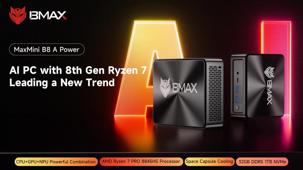 BMAX B8A Puissance AMD Ryzen 7 PRO 8845HS Processeur AMD Radeon 780M 32G 1 To SSD Windows 11 Pro WiFi Bluetooth USB HDMI Type-c