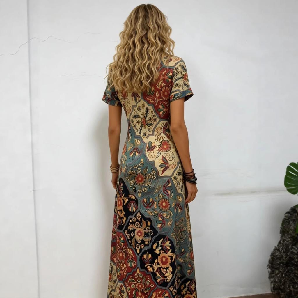 Europäisches und amerikanisches lässiges Retro-Ethno-Blumen-Digitaldruck-Kunst-Kurzarm-Kleid für Damen