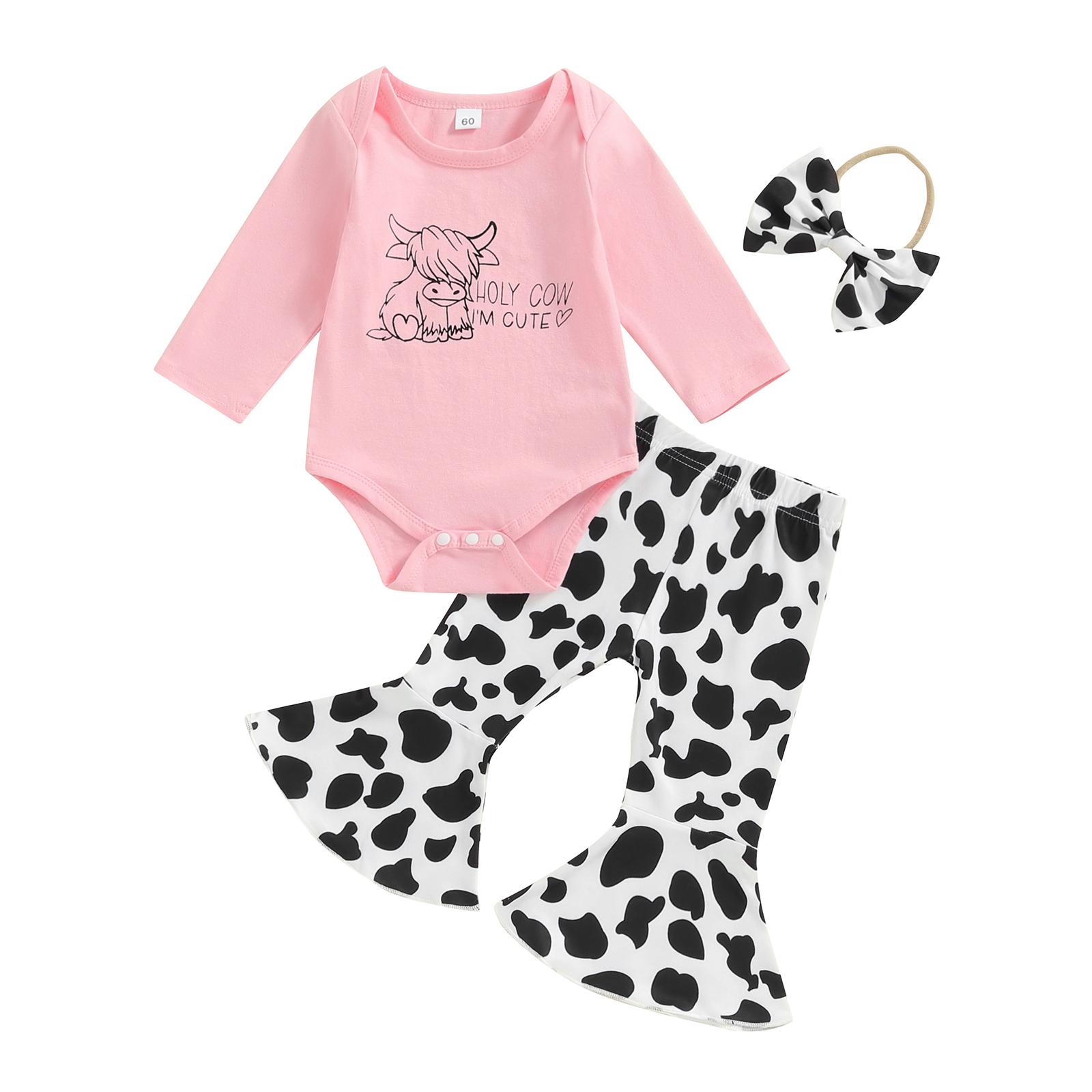 

Осенний наряд для девочек, комбинезон с длинными рукавами и принтом коровы, расклешенные брюки и повязка на голову с бантом 3-6 Months