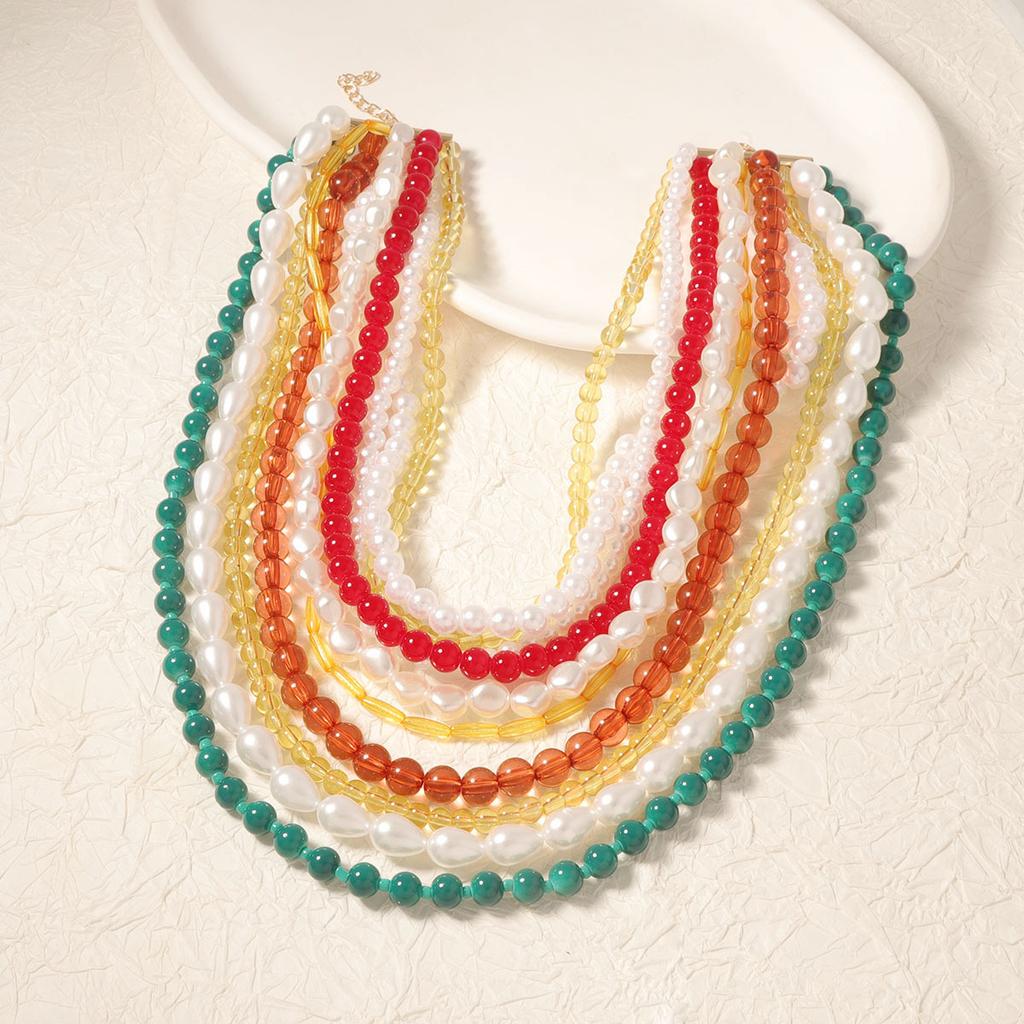 European and American new models, fashionable retro color multi-layer resin imitation pearl ins exaggerated bohemian women, necklace
