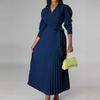 Damen Maxikleid mit V-Ausschnitt, Puffärmeln, Falten und Taillengürtel