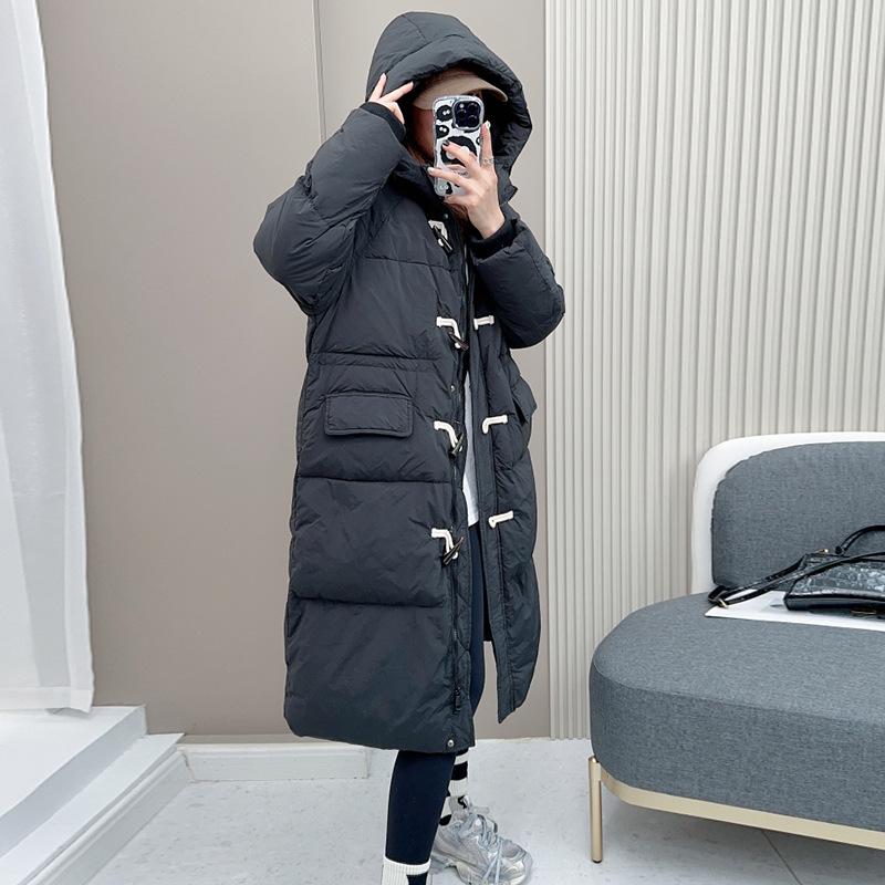 Gentle horn buckle down jacket women's long 2024 winter new Pinghu thickened small person over the knee warm jacket