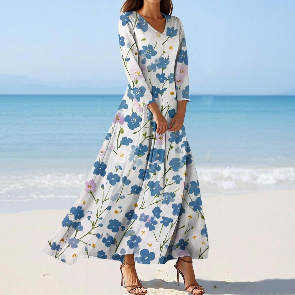 Women's Fashion V-Neck Floating Beach Dresses Seven Sleeve Floral Printed Dresses